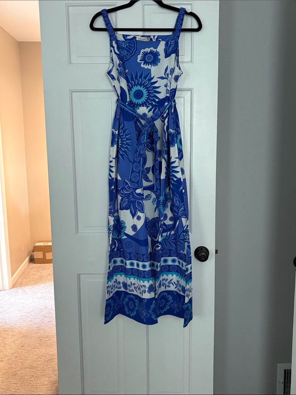 Blue Floral Maxi Dress with Waist Tie